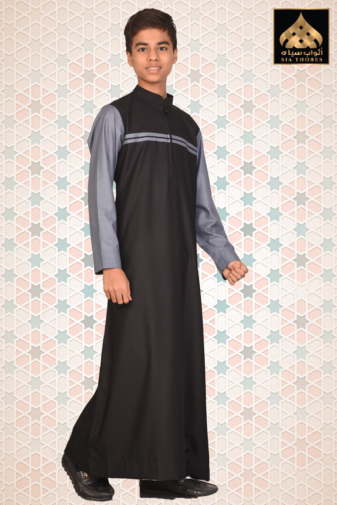STTK97 | Designer Thobe (Black & Light greyish Blue)