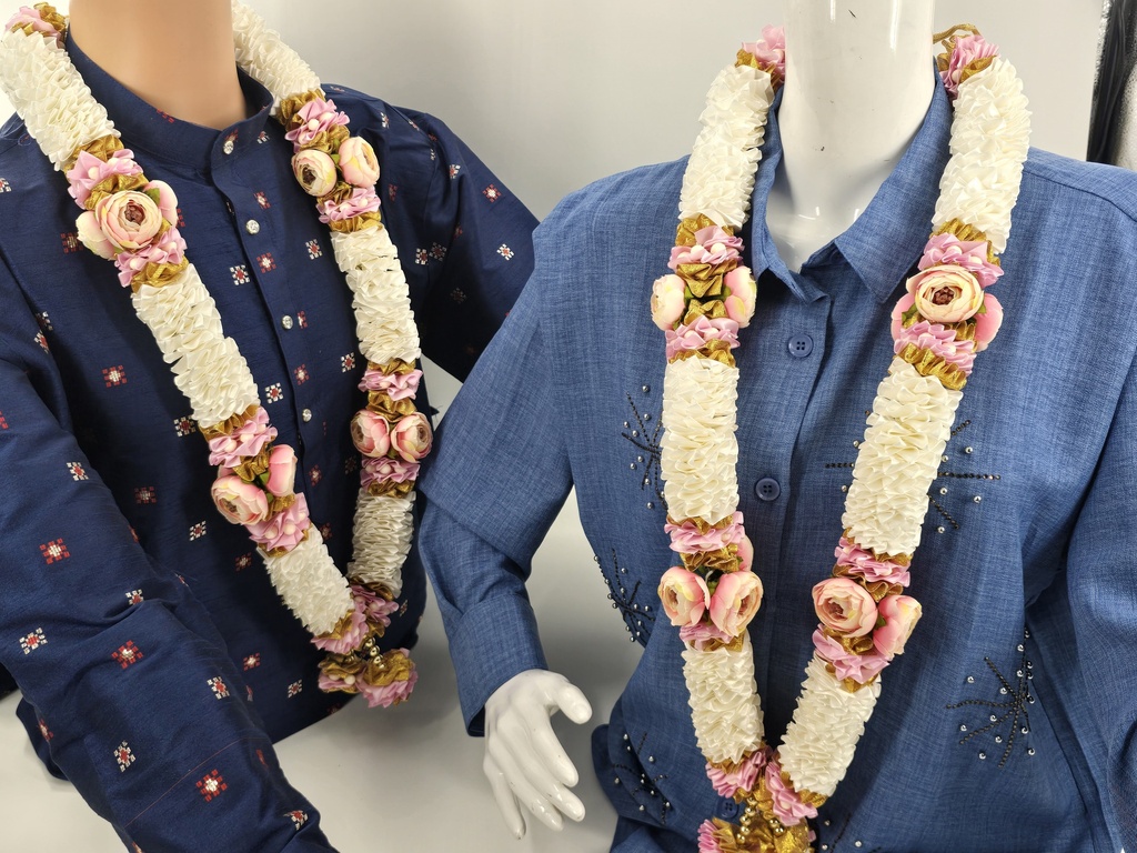 Garland Of Artificial Flowers,Pair Of Pink&White Color With Beads(Wedding Varmala, Bride and Groom Mala, Wedding Ceremony Garlands, Indian wedding , Ameen, Bismillah, Mayo, Sanchak, Shadi, Dulha, Dulhan, Graduation etc)