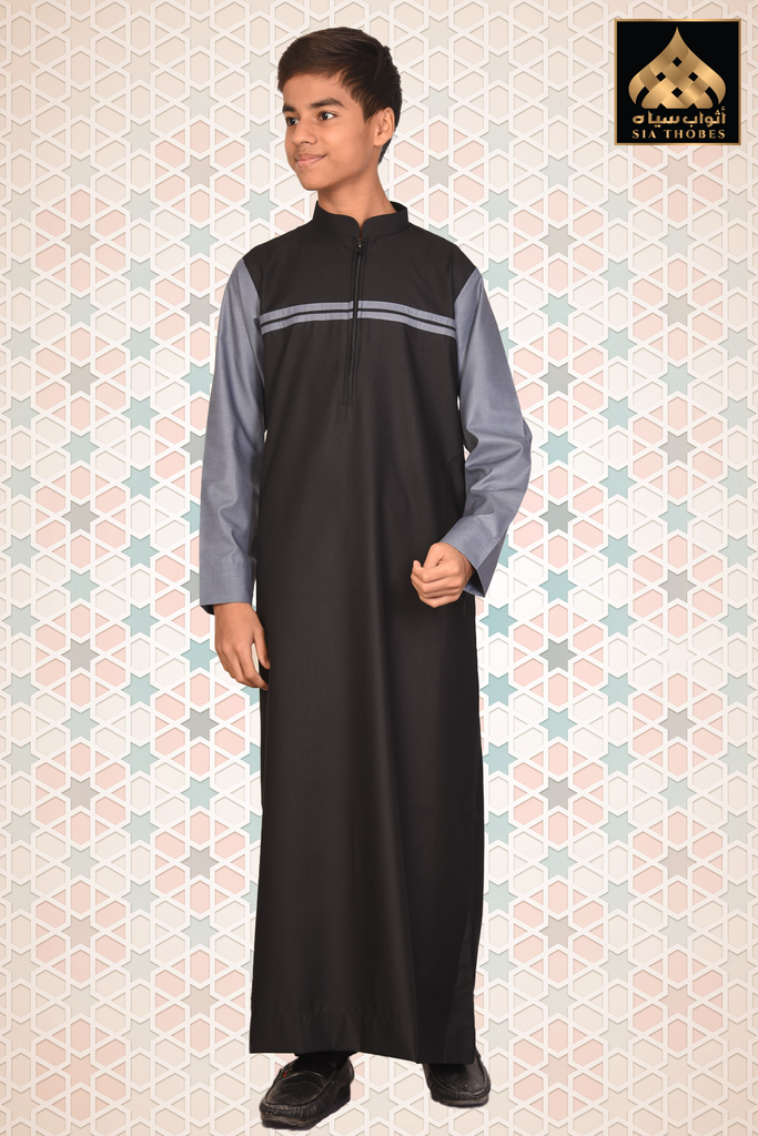 STTK97 | Designer Thobe (Black & Light greyish Blue)