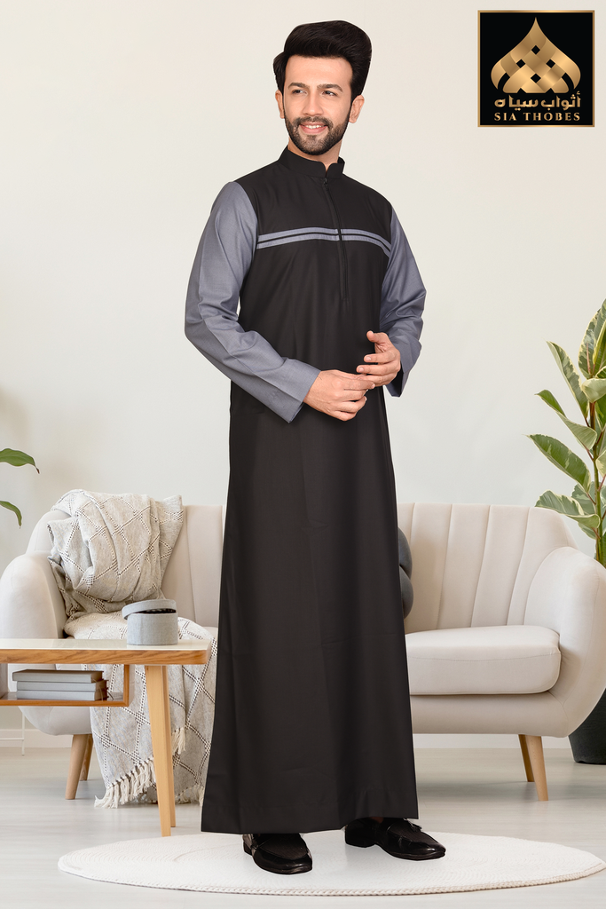 STTM97 | Designer Thobe (Black & Light greyish Blue)