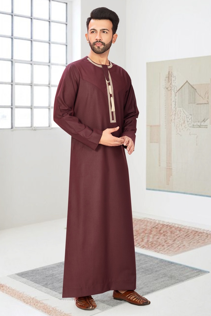 STMO-02	SIA Islamic Thobes for Men's Omani Style with Embroidery ( Burgandy )