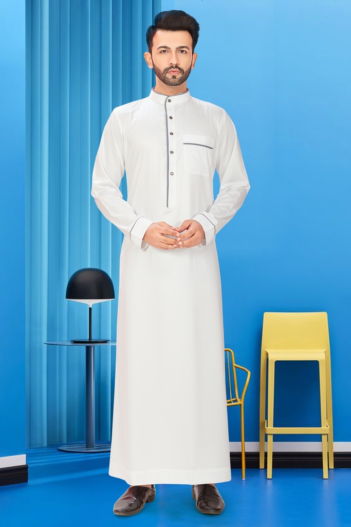 STMS-10	SIA Islamic Thobes for Men's Plain Light Shiny with Piping ( White )