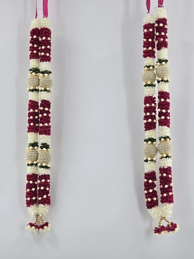 Garland Of Artificial Flowers,Pair Of Maroon & White Color With Beads(Wedding Varmala, Bride and Groom Mala, Wedding Ceremony Garlands, Indian wedding , Ameen, Bismillah, Mayo, Sanchak, Shadi, Dulha, Dulhan, Graduation etc)